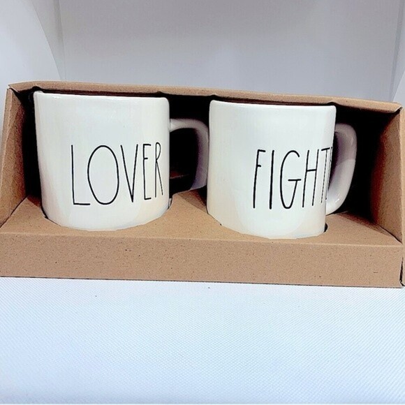 Rae Dunn Lover & Fighter Ceramic Coffee Mug Set‎ - Picture 3 of 5